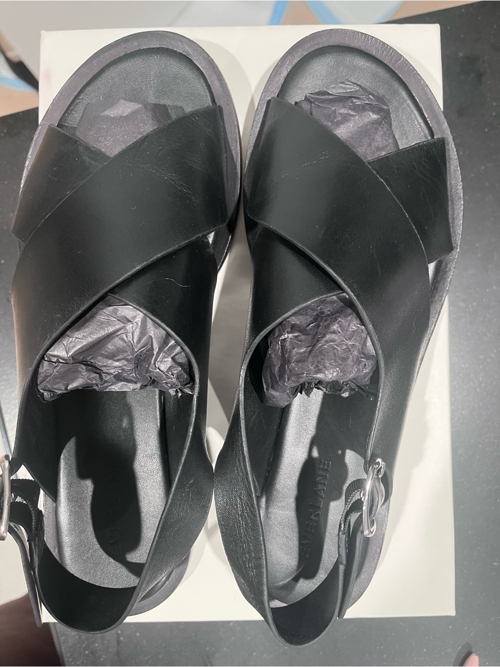 Everlane Black Leather Crossover Slingback Sandals